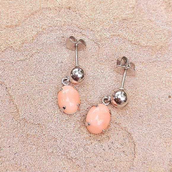 Sterling Plated Pink Coral Dangle Drop Earrings - Picture 2 of 5